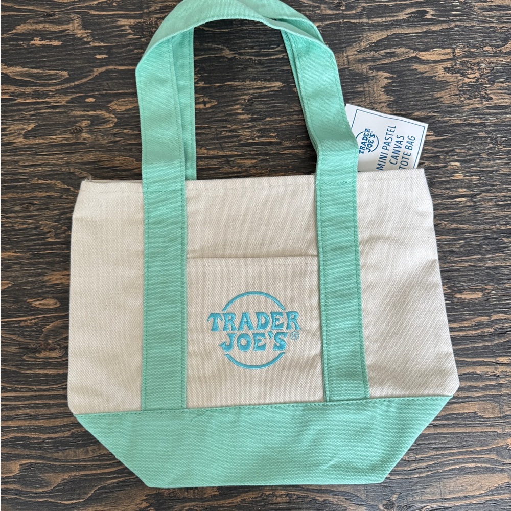New Trader Joe's Mini Pastel Canvas Tote Bag, green handles